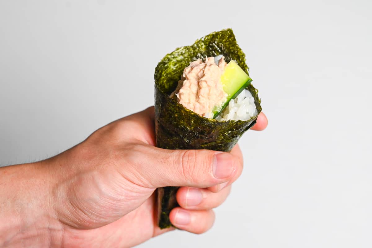 tuna mayo and cucumber temaki sushi hand roll