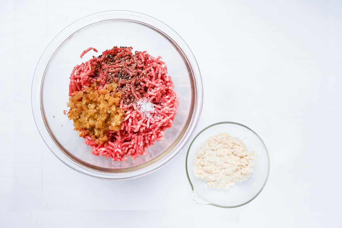 seasoning the minced beef and mixing panko with milk