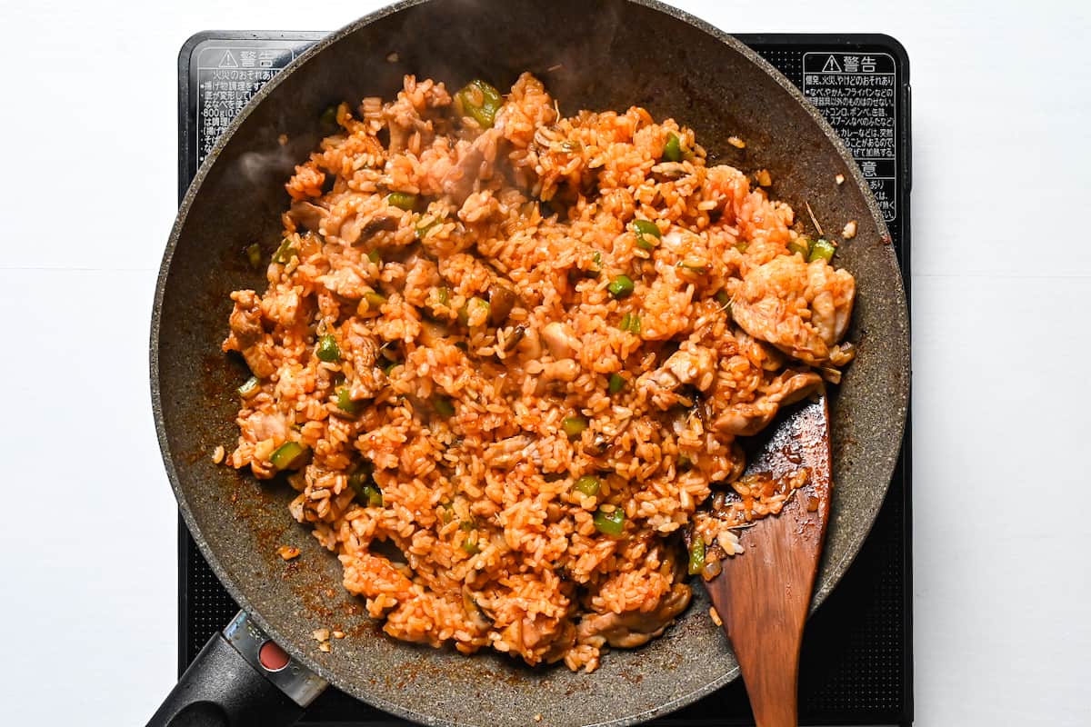 Japanese ketchup fried rice in a frying pan