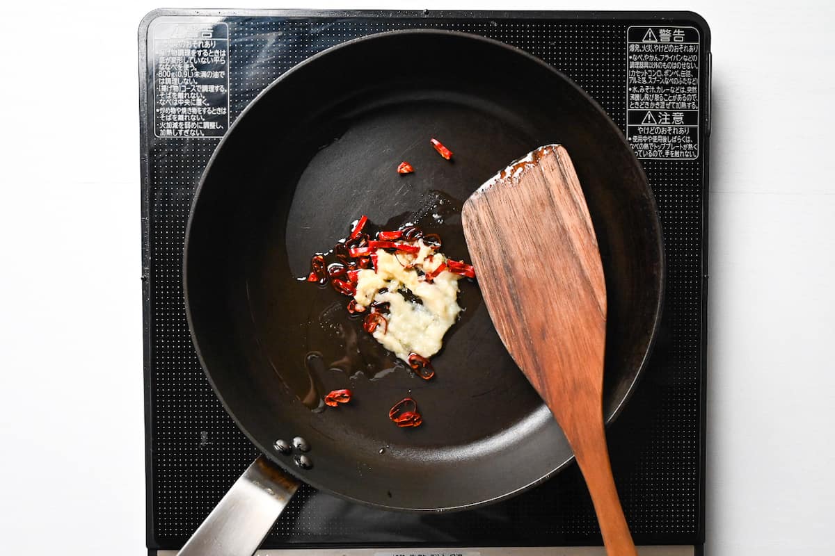 chili, garlic and ginger in a frying pan