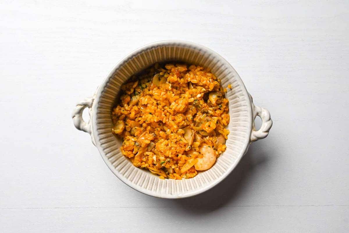 spiced seafood rice in an oven proof dish
