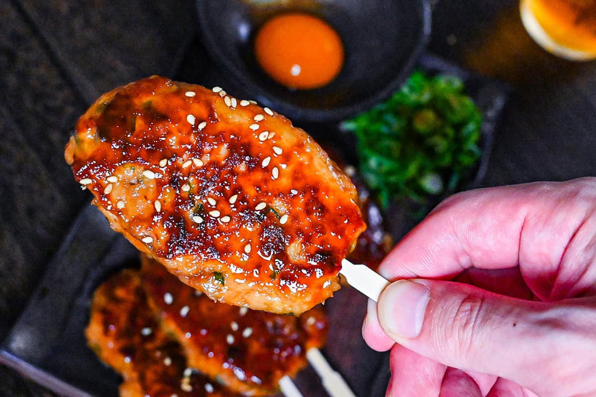 holding one tsukune meatball on a bamboo skewer