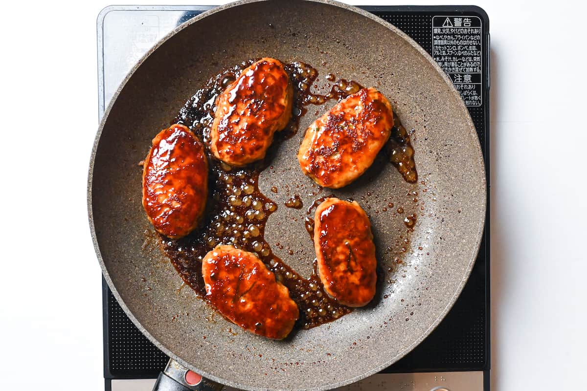 chicken tsukune coated in a sticky glaze