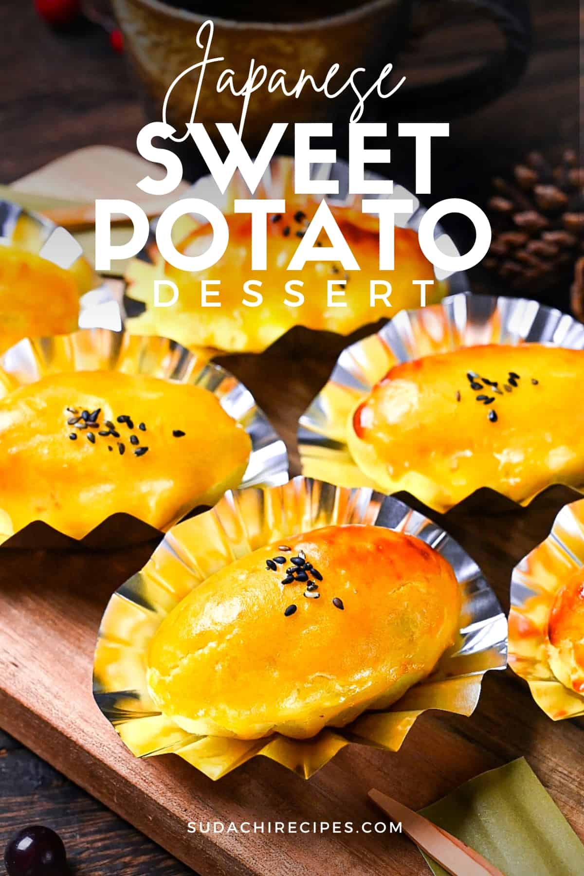 Japanese sweet potato dessert in foil cases sprinkled with black sesame seeds