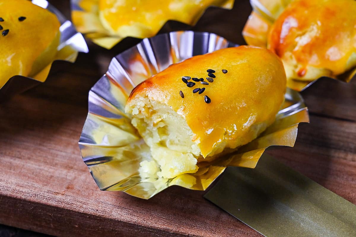 Japanese sweet potato dessert with a bite missing