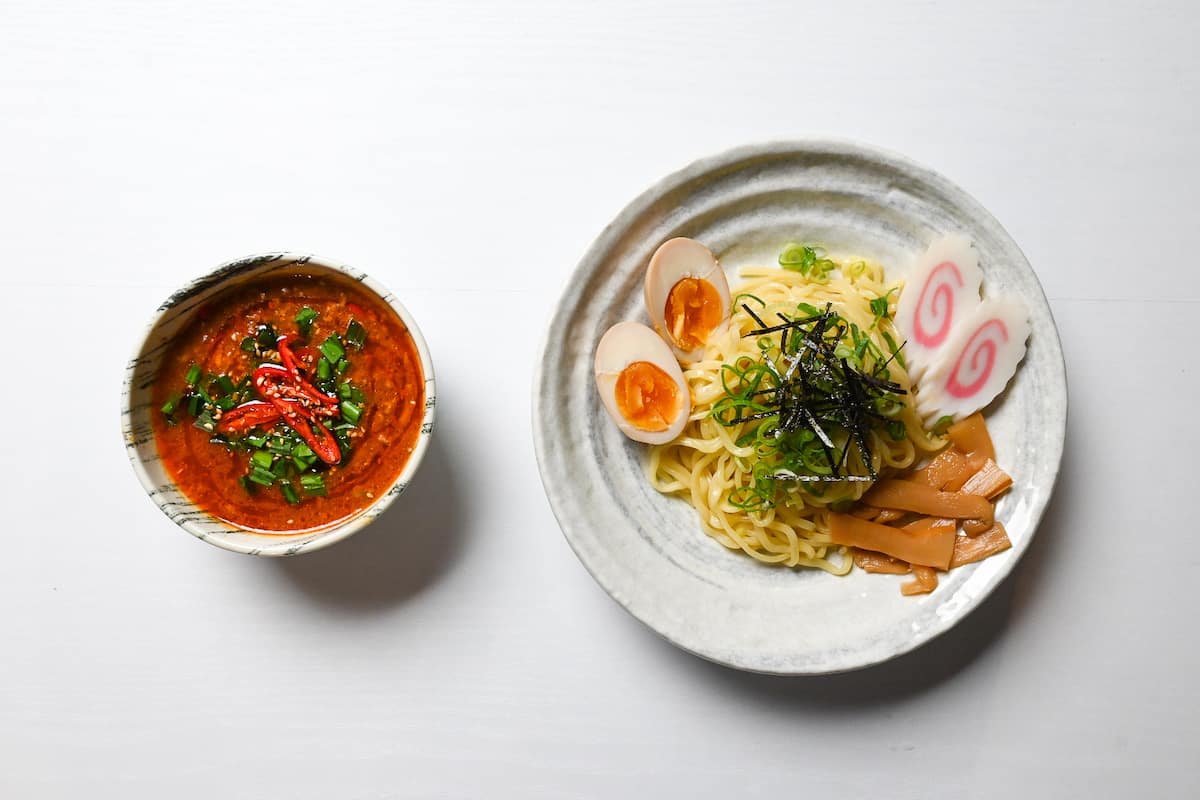 Finished Tsukemen ramen with spicy dipping soup