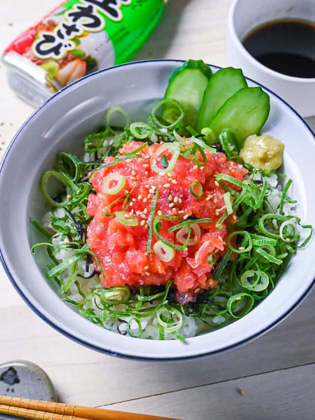 Negitorodon made with tuna and salmon in a white and blue bowl