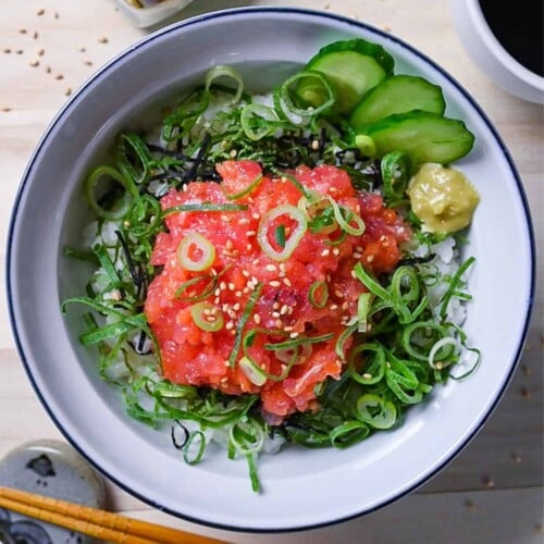 Negitorodon made with tuna and salmon in a white and blue bowl