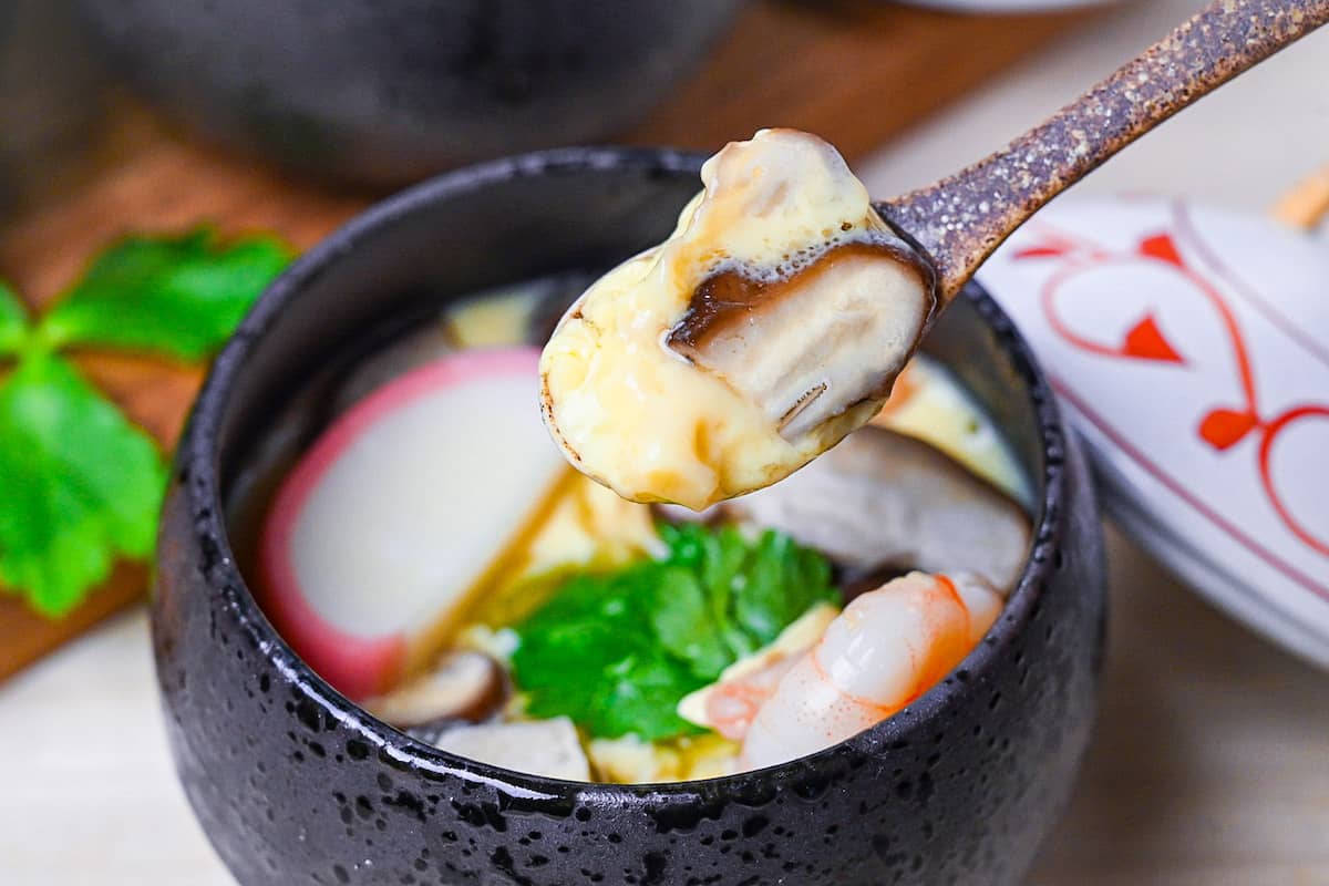 Chawanmushi on brown ceramic spoon