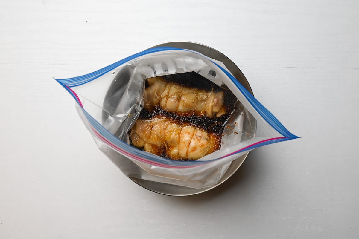 chicken chashu in a ziplock bag with marinade