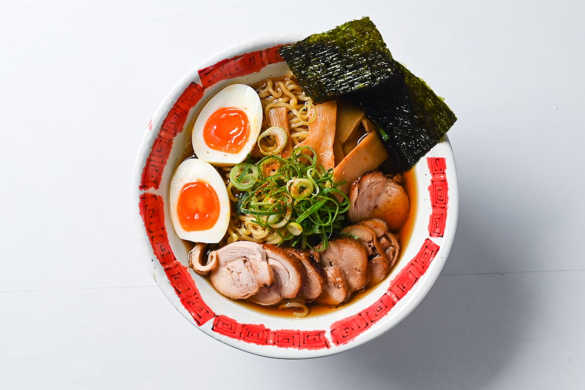 Shoyu ramen topped with homemade chicken chashu