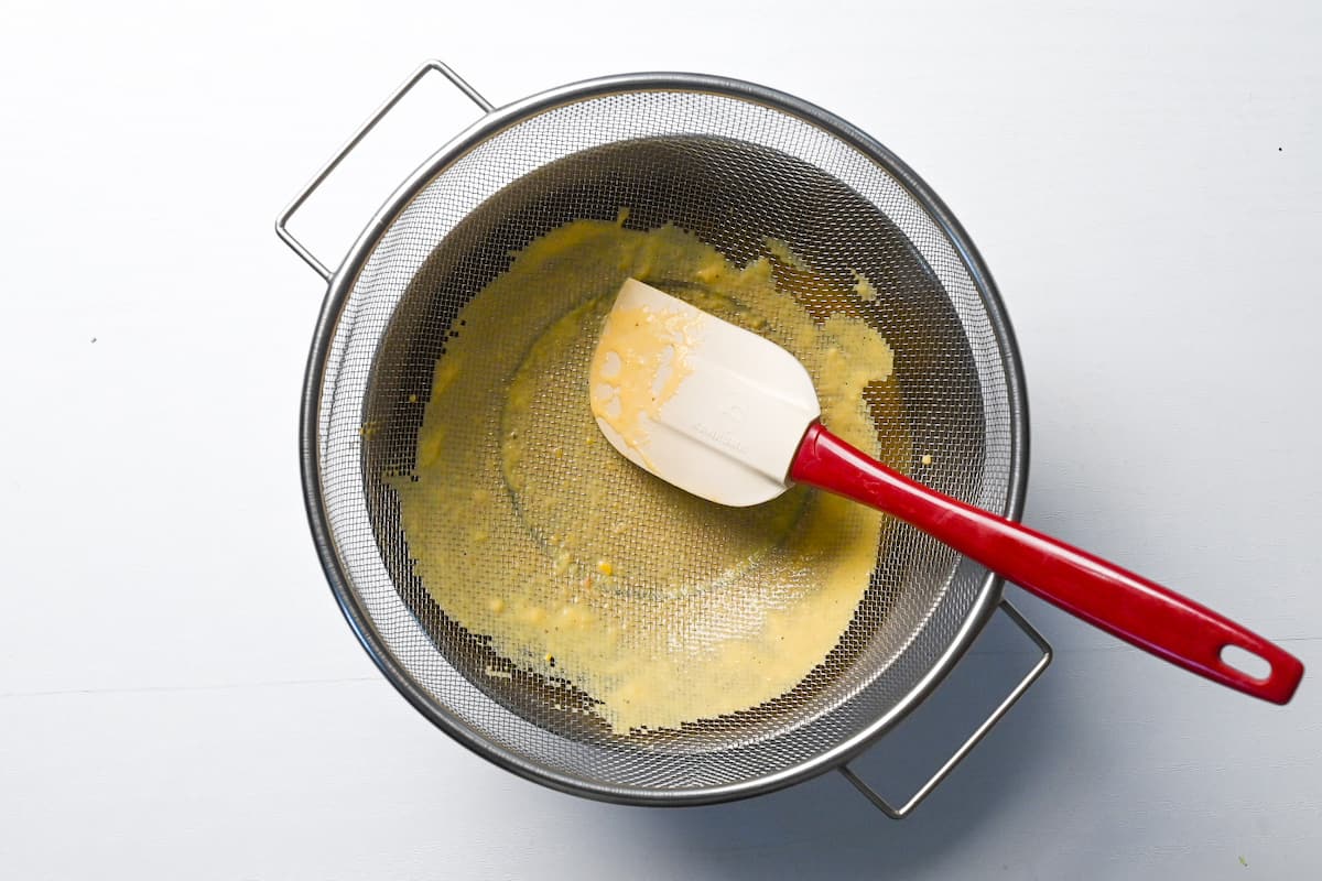 Japanese corn potage poured through a strainer