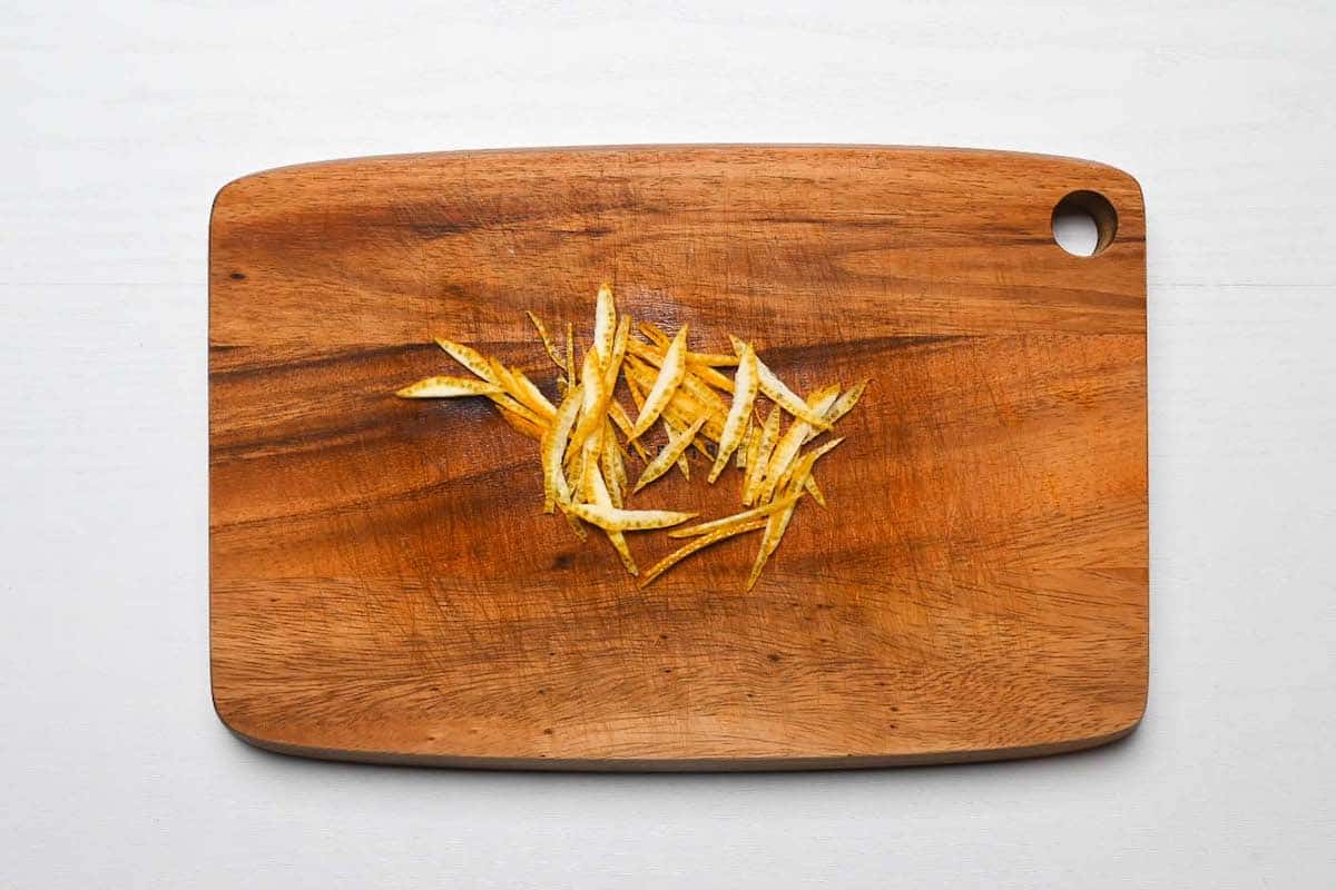 yuzu peels on a wooden chopping board