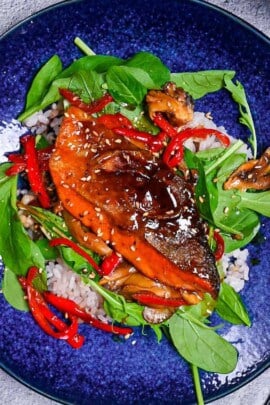 Ponzu salmon served with baby leaf, sautéed bell peppers and mushrooms over mixed grain rice on a blue plate