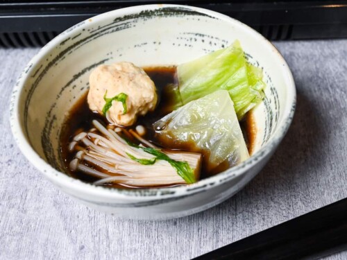 Chicken meatball and vegetables from mizutaki in ponzu sauce