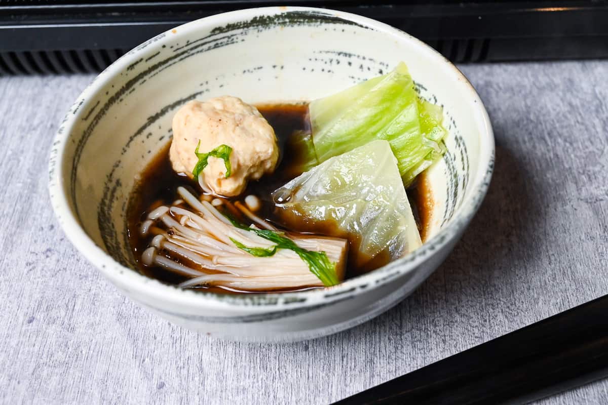 Chicken meatball and vegetables from mizutaki in ponzu sauce