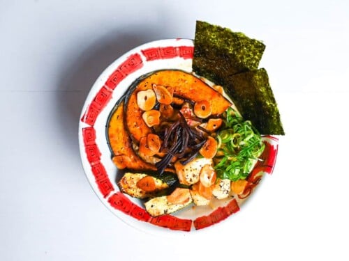 Vegetarian Spicy Miso Ramen topped with oven baked kabocha, zucchini and tofu