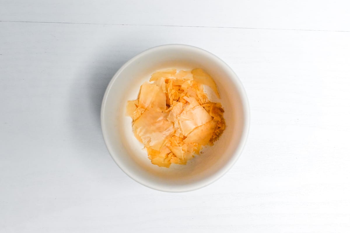 katsuobushi (bonito flakes) in a small white bowl