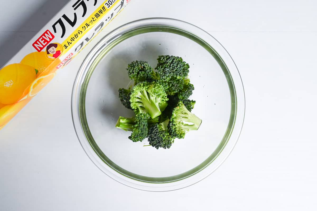 Broccoli florets in a glass bowl