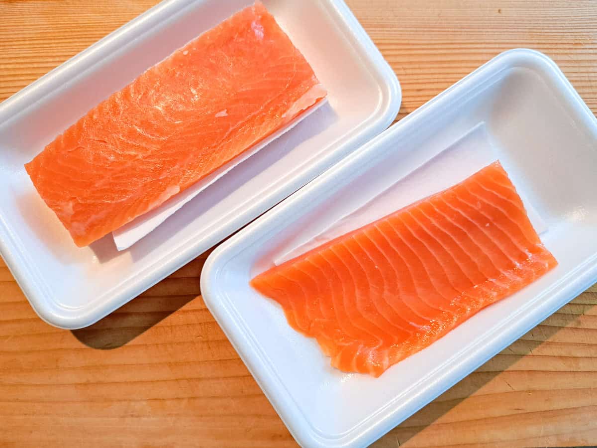 Two salmon sashimi blocks from supermarket in Japan