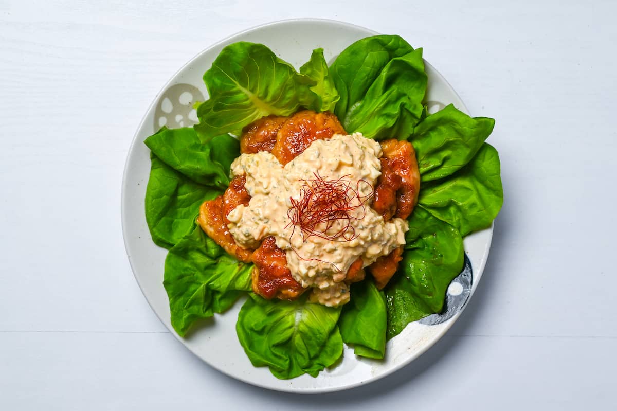 Chicken nanban topped with homemade tartar sauce and chili threads