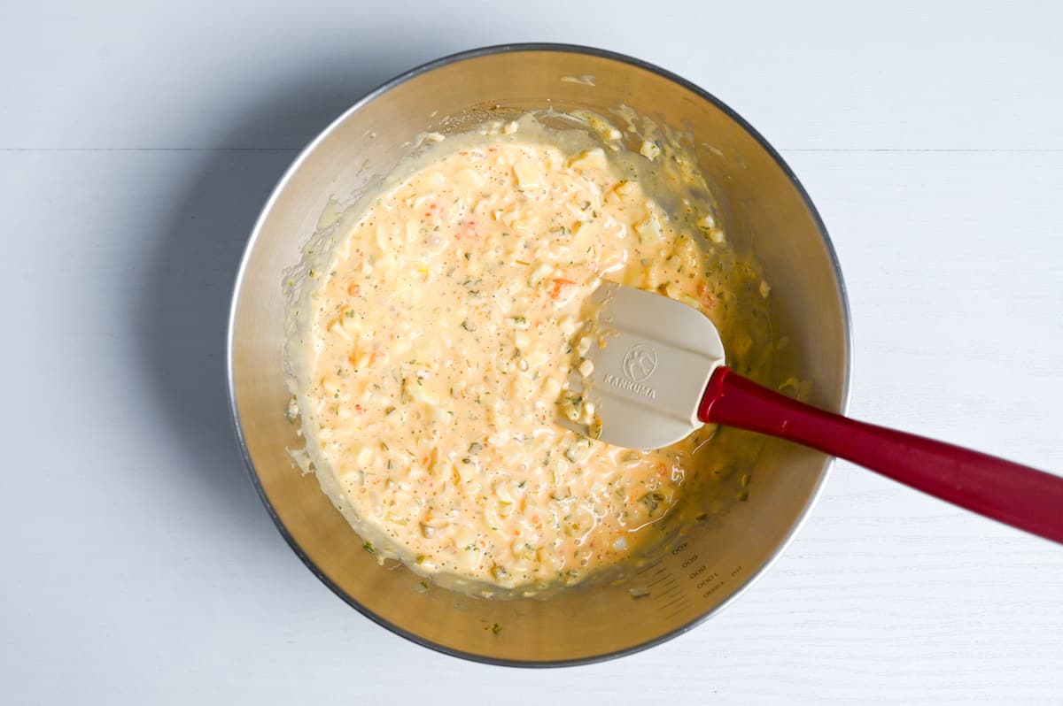 Japanese tartar sauce mixed in a steel mixing bowl