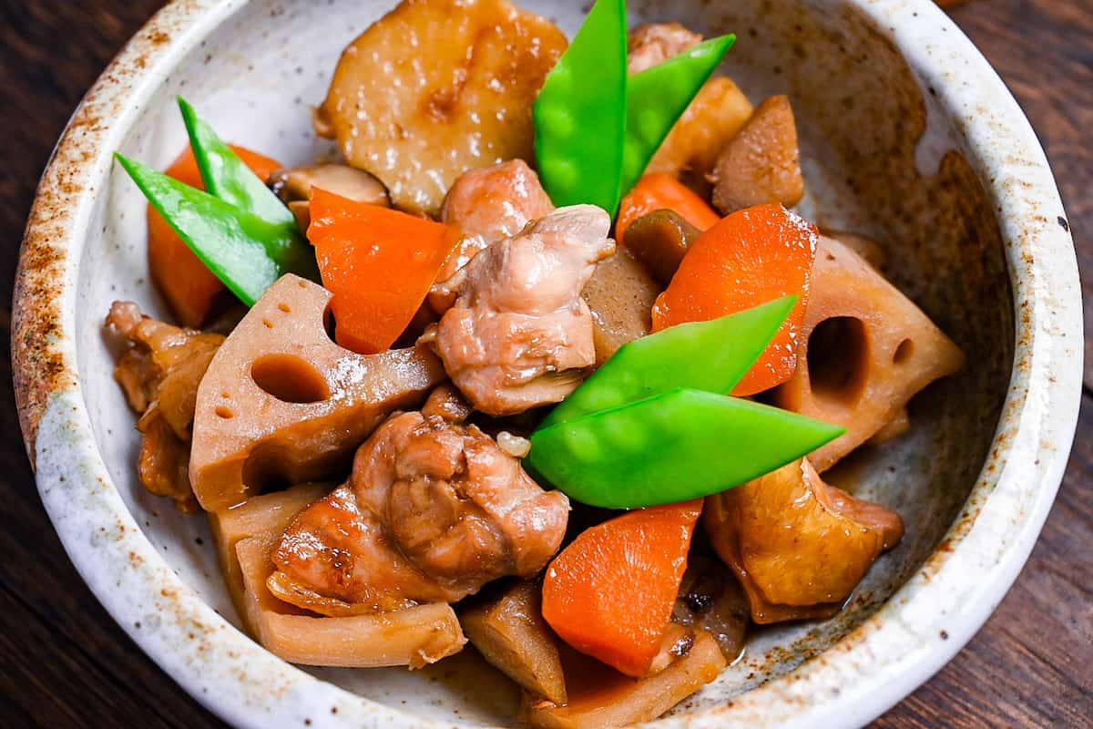 Chikuzenni (Japanese simmered chicken and vegetables) close up