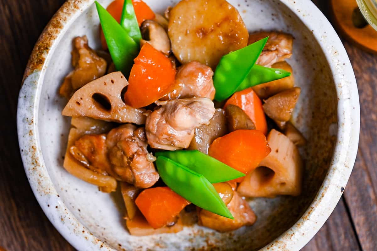 Chikuzenni (Japanese simmered chicken and vegetables) top down close up
