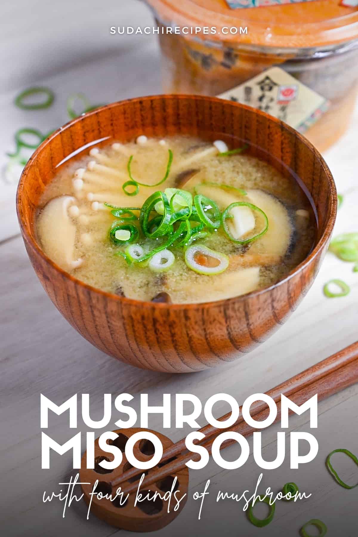 Mushroom miso soup made with 4 kinds of mushroom served in a wooden bowl