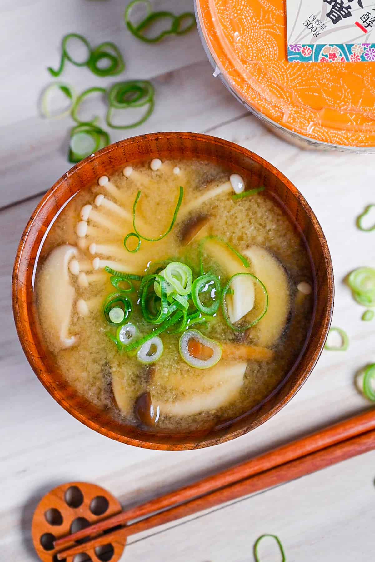Mushroom miso soup made with 4 kinds of mushroom served in a wooden bowl top down view