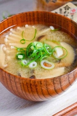 Mushroom miso soup made with 4 kinds of mushroom served in a wooden bowl