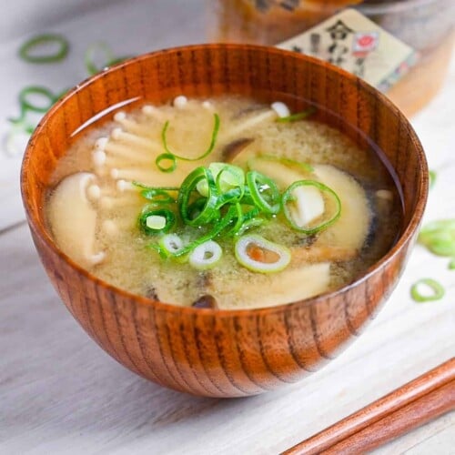 Mushroom miso soup made with 4 kinds of mushroom served in a wooden bowl