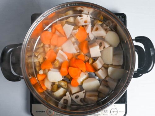 steamed carrot, taro, burdock root and lotus root