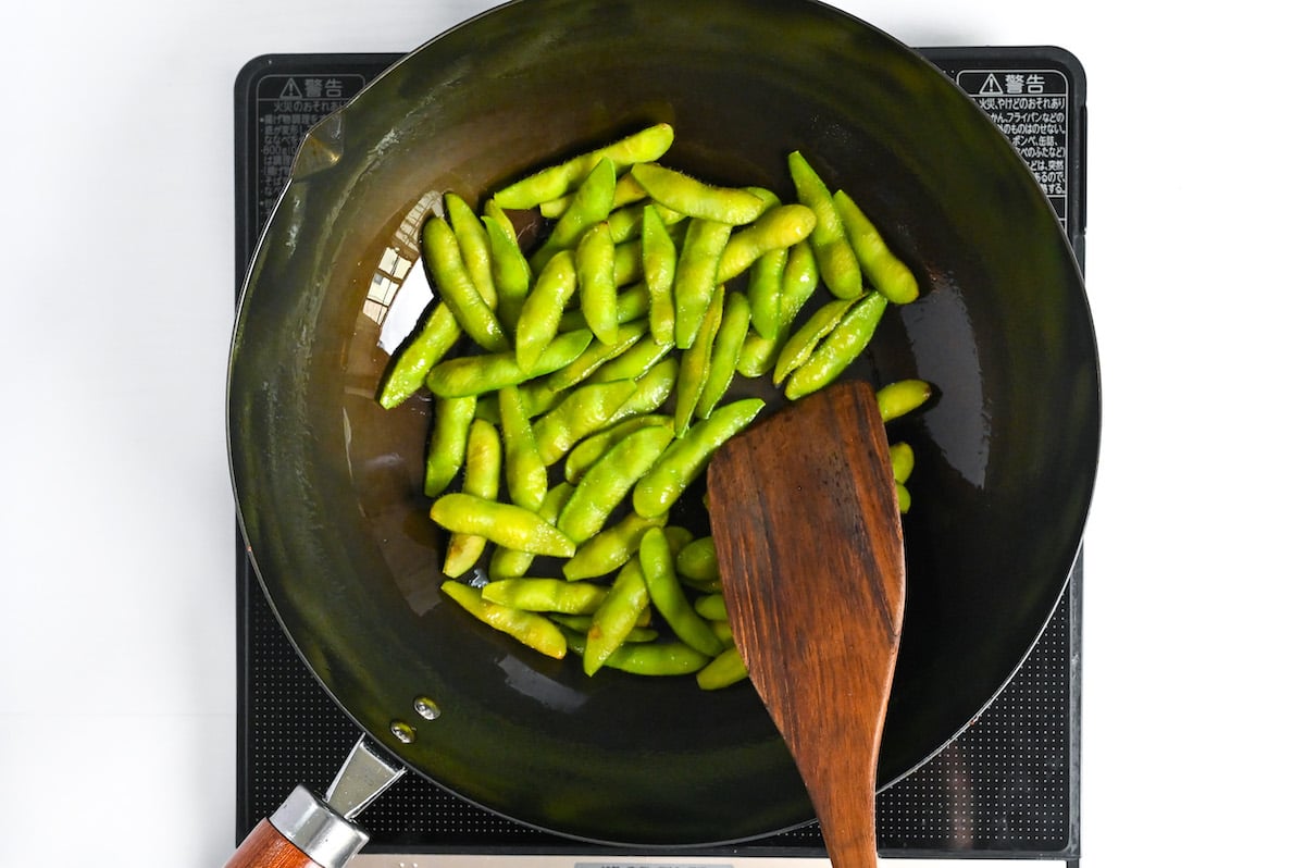 edamame in a wok