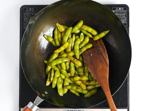 edamame coated in oyster sauce and garlic glaze