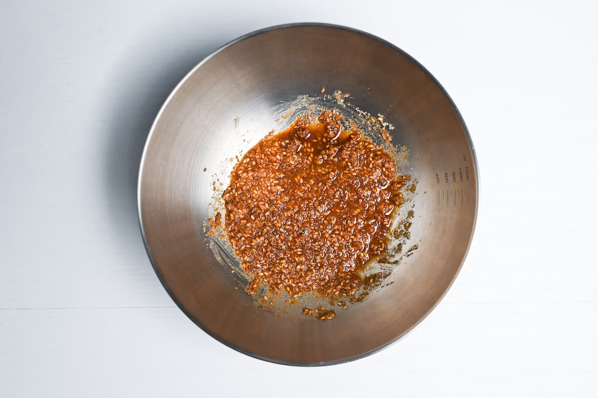 Japanese sesame spinach salad sauce in a mixing bowl