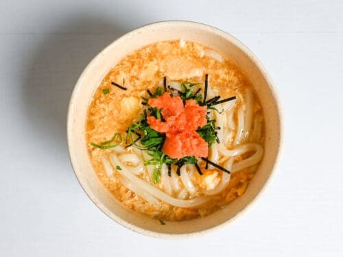 Mentaiko udon topped with perilla leaves and mentaiko (pollock roe)