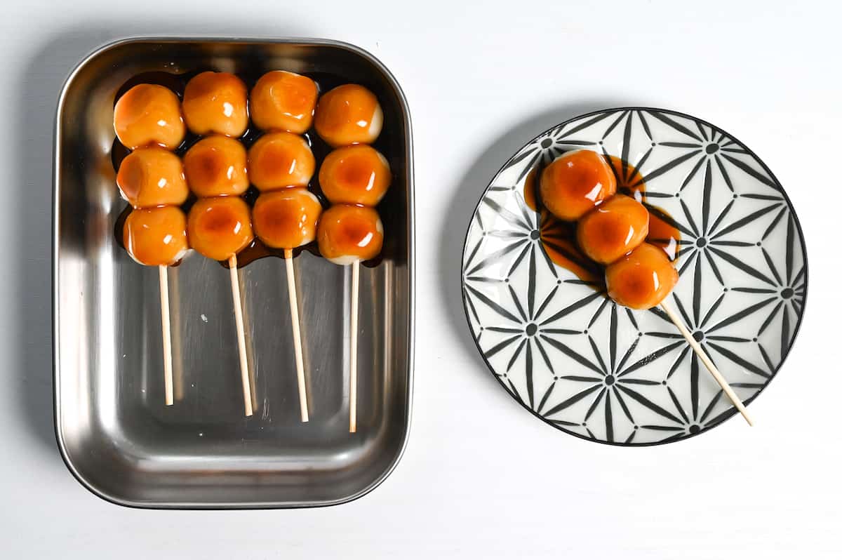 mitarashi dango coated in sauce