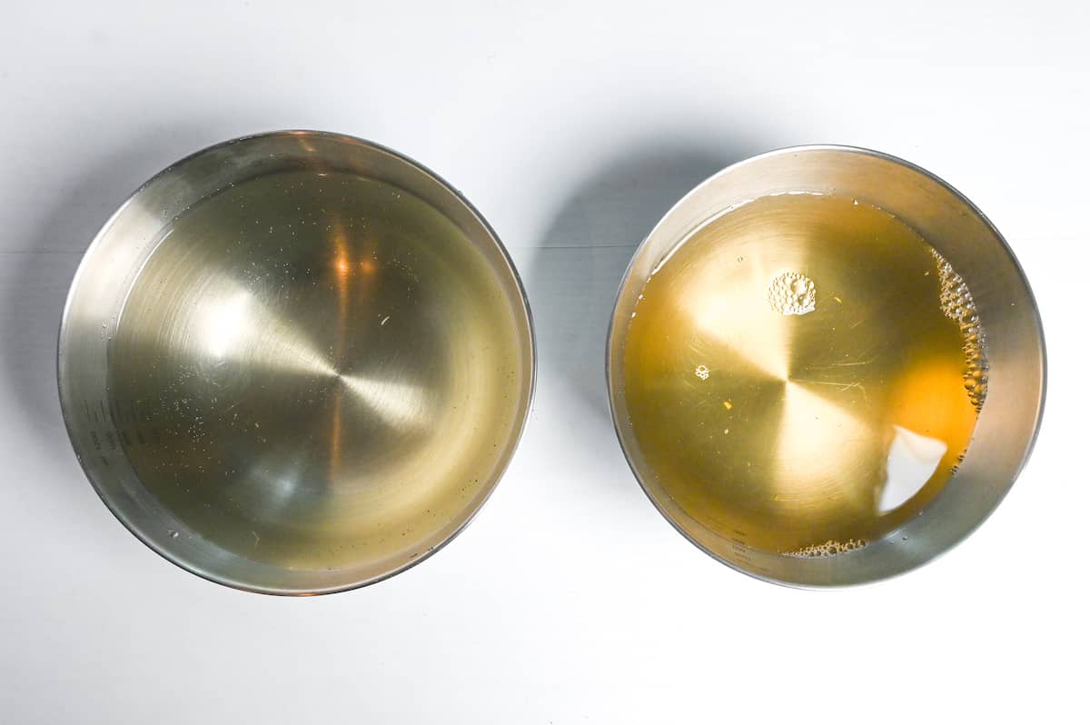 kombu mizu dashi and kombu ni-dashi in metal mixing bowls