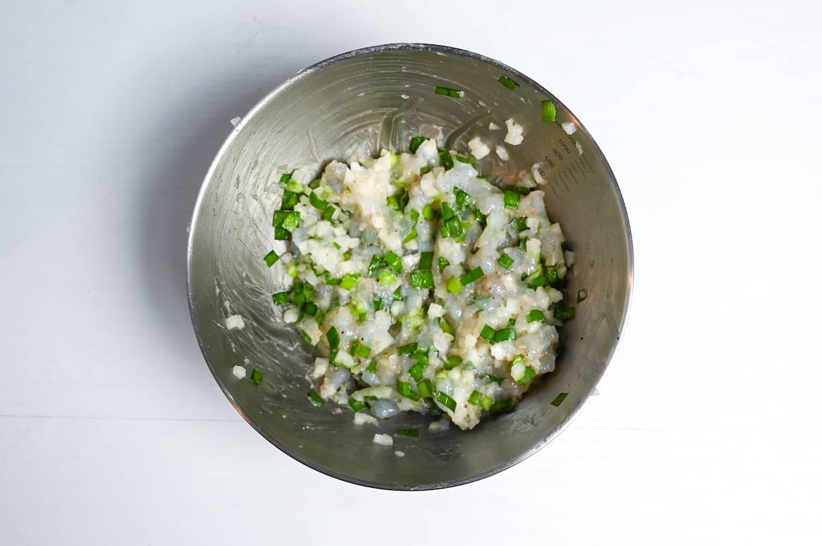 prawn gyoza filling in a mixing bowl