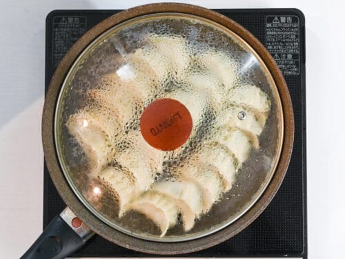 prawn gyoza steaming in a pan with lid