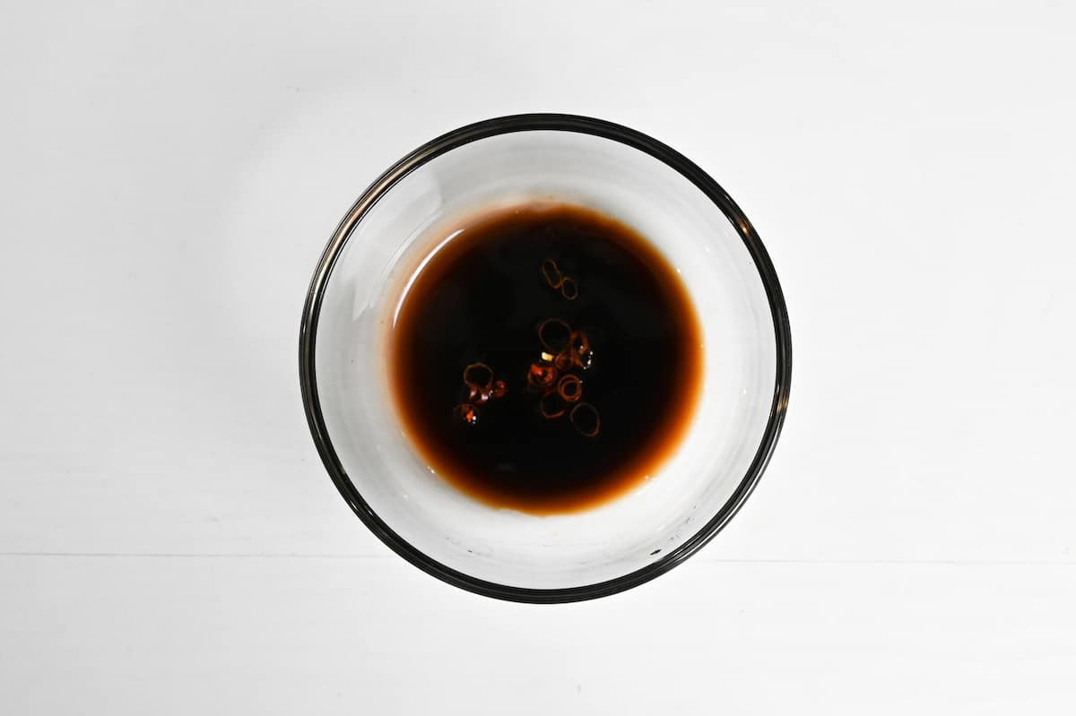 prawn gyoza dipping sauce in a small glass bowl