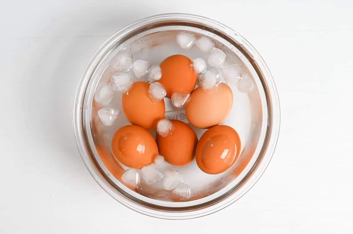 eggs cooling in ice cold water