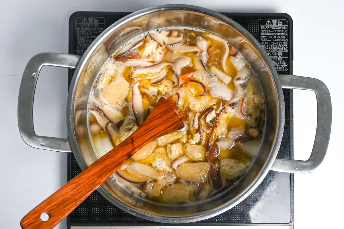 Dashi simmering in a pot to make tonjiru