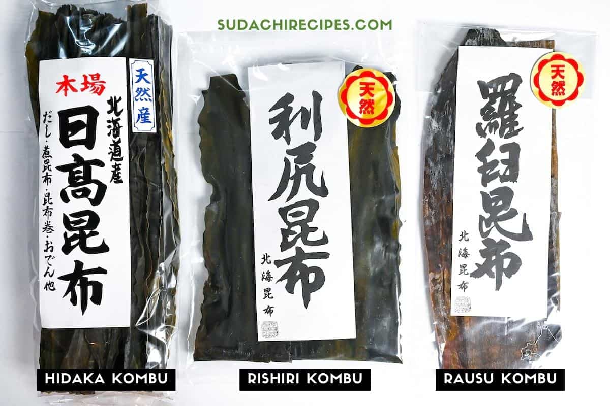 hidaka, rishiri and rausu kombu in packaging