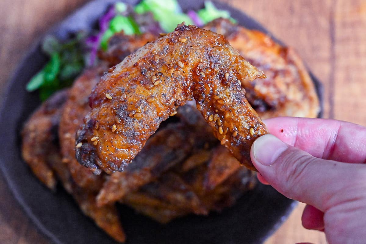 Holding one yamachan style fried chicken wing (Nagoya tebasaki)