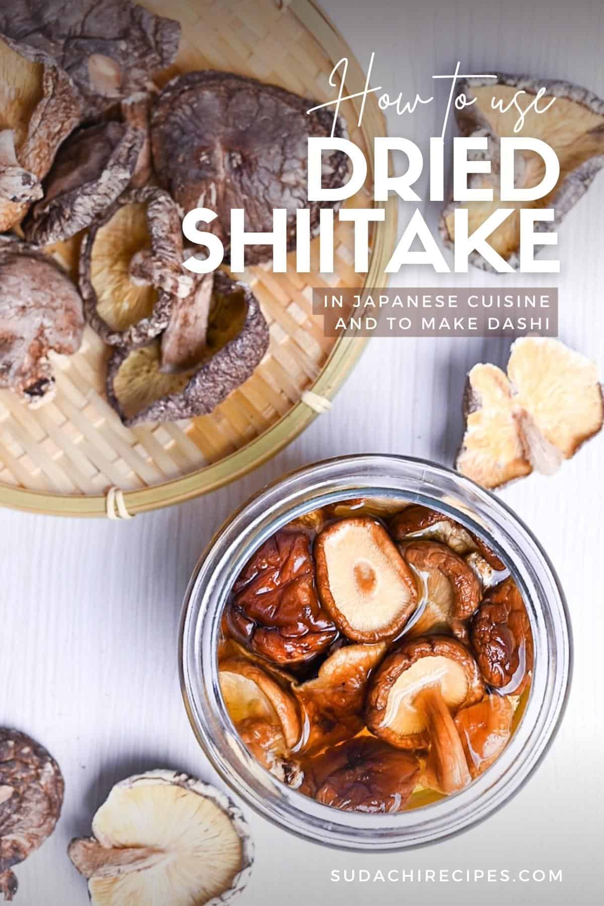 shiitake dashi in a jar next to loose dried shiitake mushrooms