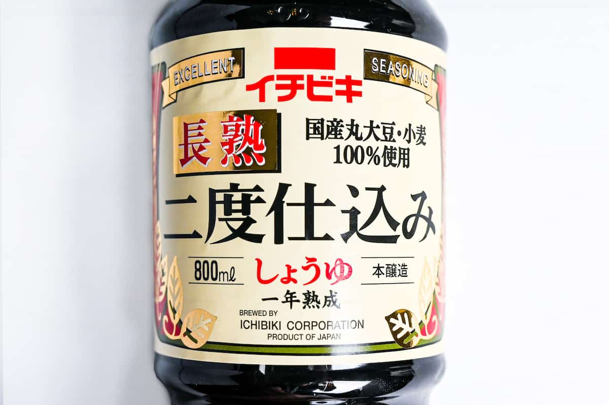 close up of ichibiki twice fermented shoyu. Label states it is made using the honjozo method.