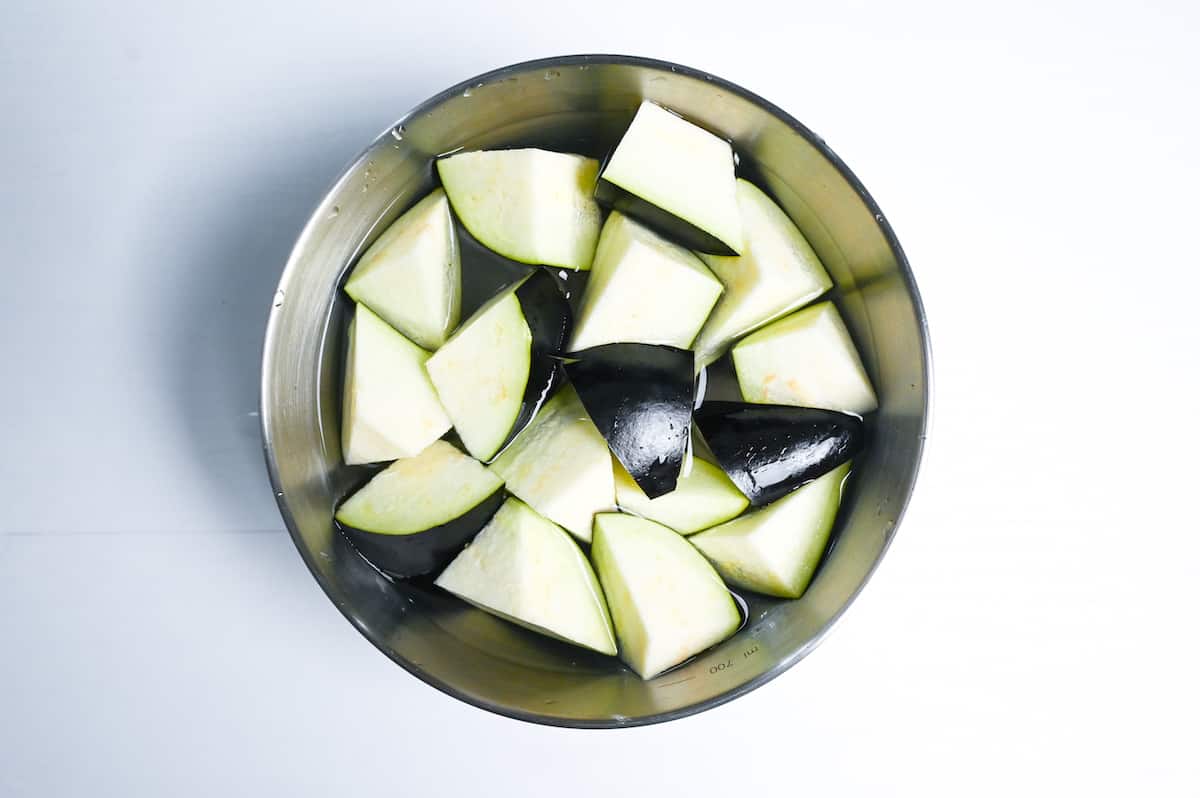 soaking eggplant in a bowl