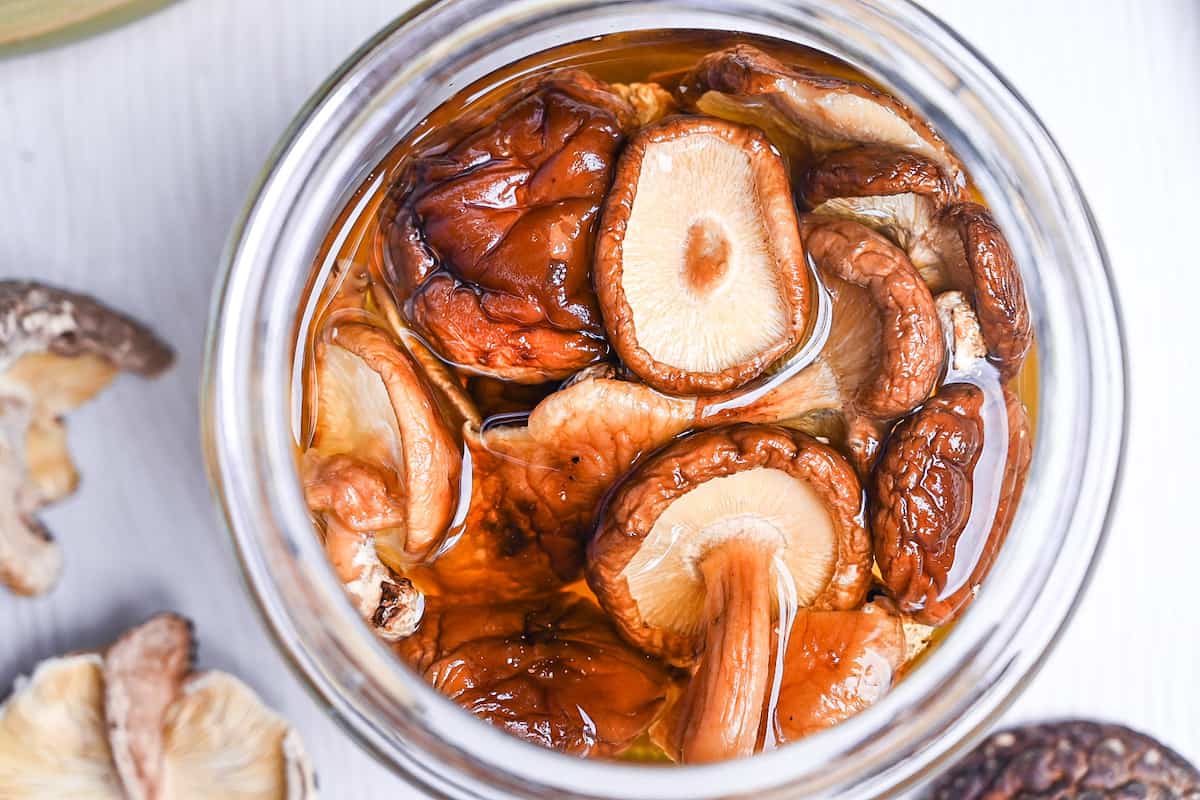 top down view of shiitake dashi in a jar